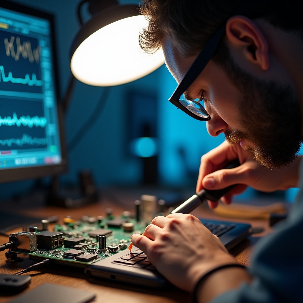 Technik wykonujący lutowanie podzespołów elektronicznych